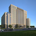 Modern Beige Hotel Building With Large Windows Urban Roadside Trees And Blue Sky