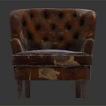 Vintage Brown Single Sofa With Worn Leather Surface And Wooden Legs