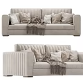 Two Seater Sofa With Light Beige Velvet Ribbed Design Pillows And Throw Blanket