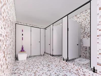 Public Restroom Interior Design With Tiled Walls Stalls Sink And Toilet Brush 3d model
