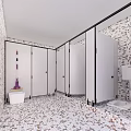Public Restroom Interior Design With Tiled Walls Stalls Sink And Toilet Brush