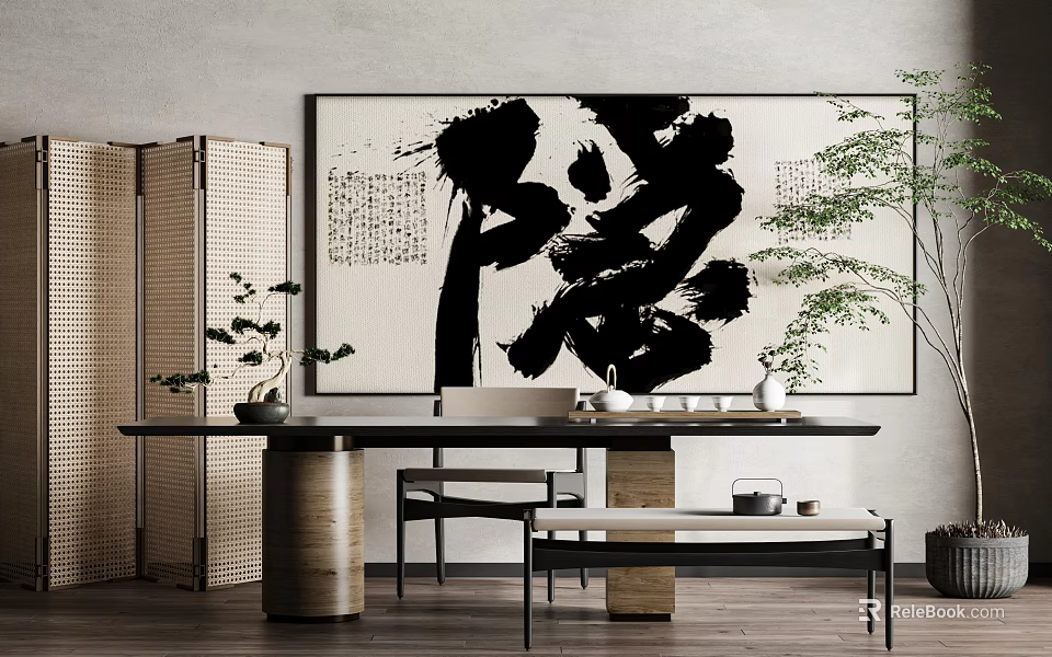 Abstract Calligraphy Painting In Japanese Style Interior 3d model 
