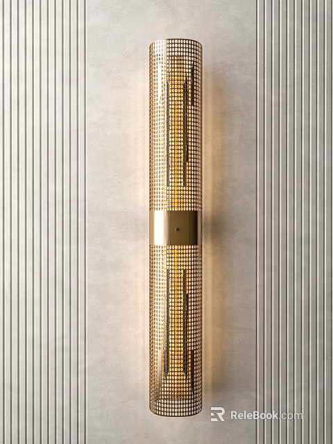 Golden Grid Pattern Wall Sconce With Warm Illumination On Vertical Striped Wall 3d model 