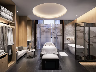 Modern Luxury Beauty Salon Interior With Wooden Panels Marble Walls Treatment Beds And Bathtub 3d model