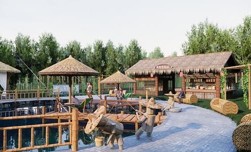 New Chinese Style Park Fishing Landscape Park Leisure Fishing Cards Entertainment Bamboo Culture Landscape Bamboo Railing Bamboo Forest Leisure 3d model