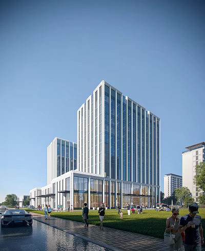 Modern Office Building Featuring Glass Curtain Walls And Surrounding Trees 3d model