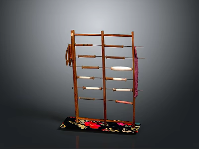 Wooden Hanging Rack With Multiple Horizontal Rods And Colorful Patterned Cloth Base 3d model