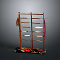 Wooden Hanging Rack With Multiple Horizontal Rods And Colorful Patterned Cloth Base