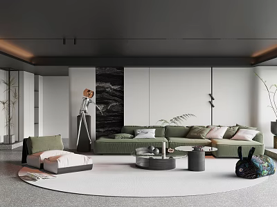 Modern Living Room Interior With Green Sofa Multiple Pillows And Round Carpet 3d model