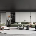 Modern Living Room Interior With Green Sofa Multiple Pillows And Round Carpet