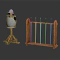 Silver Medieval Helmet On Wooden Stand With Wooden Rack And Metal Hooks