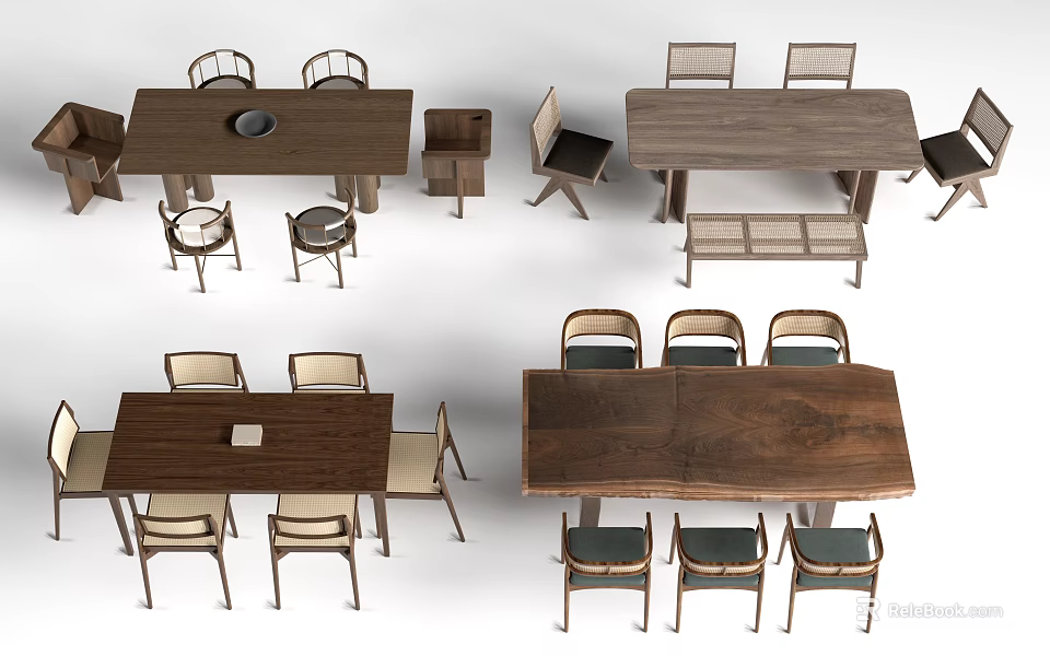 Stylish Wooden Dining Table Set With Matching Chairs And Side Tables 3d model