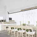 Elegant Restaurant Interior With Wooden Dining Tables White Chairs Green Plants And Chandeliers