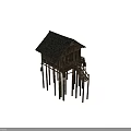 Traditional Wooden Detached Villa with Stilted Supports Tile Roof Railings and Wooden Stairs