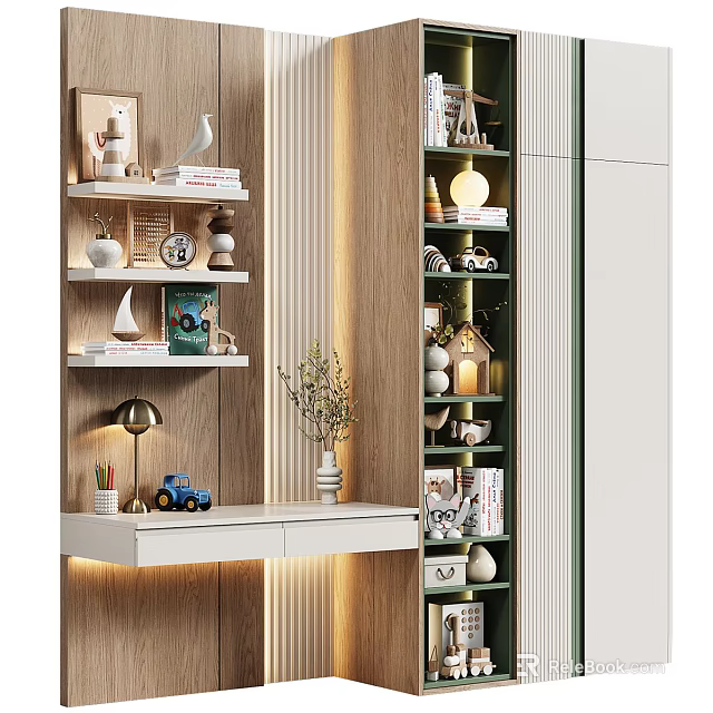 Modern Wooden Bookshelf Interior Design With Layered Shelves Books Decorative Ornaments And Warm Lighting 3d model 