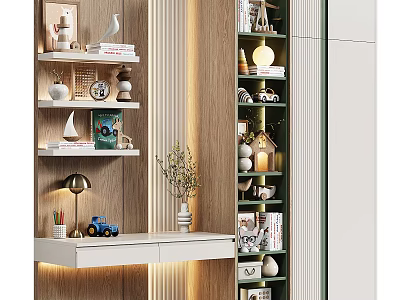 Modern Wooden Bookshelf Interior Design With Layered Shelves Books Decorative Ornaments And Warm Lighting 3d model