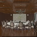 Luxurious Private Room with Wooden Decor Dining Table Sofa Chandelier Bird Paintings and Flower Vase