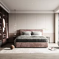 Elegant Modern Bedroom Interior With Wooden Wardrobe Pendant Light Bed Pillows And Cozy Rug