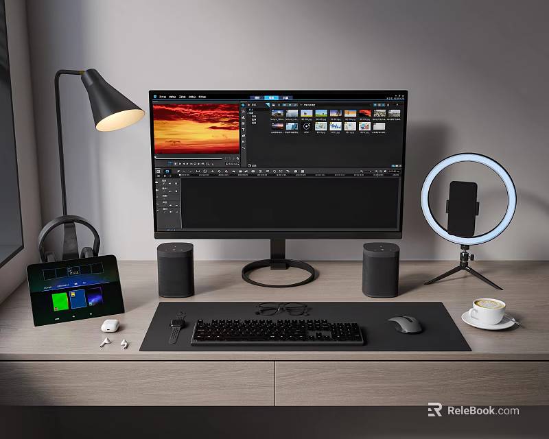 Modern Computer Workstation Setup With Monitor Keyboard Mouse Speakers Tablet Desk Lamp And Ring Light 3d model 