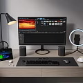 Modern Computer Workstation Setup With Monitor Keyboard Mouse Speakers Tablet Desk Lamp And Ring Light