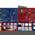 Organized Hardware Tools on Blue Red Racks with Various Tools and Storage Bins