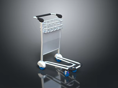 Silver Frame Hand Cart With Black Handle White Wheels And Metal Mesh Basket 3d model