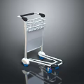 Silver Frame Hand Cart With Black Handle White Wheels And Metal Mesh Basket