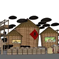 Traditional Farm Scene With Straw Roofed Huts Character For Abundance Bamboo Baskets And Grain Storage