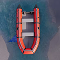 Red Caribo Inflatable Boat With Black Straps Floating On Water Near Mountains