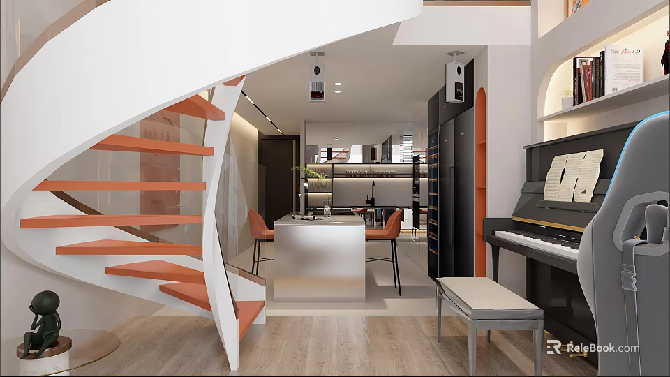 Stylish Modern Apartment Interior With Open Kitchen Wooden Staircase And Piano 3d model 