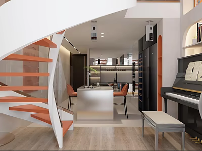 Stylish Modern Apartment Interior With Open Kitchen Wooden Staircase And Piano 3d model