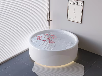Round White Bathtub with Floating Red Petals Near Blinds VOGUE Magazine and Lit Base 3d model