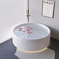 Round White Bathtub with Floating Red Petals Near Blinds VOGUE Magazine and Lit Base