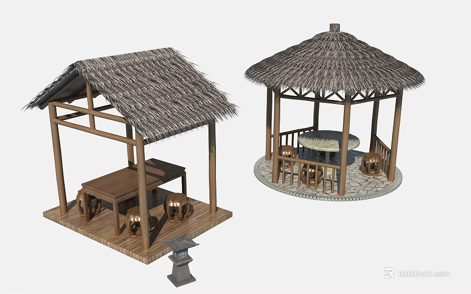 Traditional Thatched Roof Wooden Pavilions With Garden Platforms Benches Tables And Stone Elements 3d model 