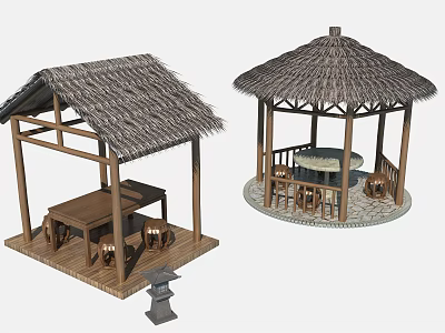 Traditional Thatched Roof Wooden Pavilions With Garden Platforms Benches Tables And Stone Elements 3d model