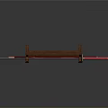 Japanese Katana Sword On Wooden Display Stand With Red Handle And Metal Blade