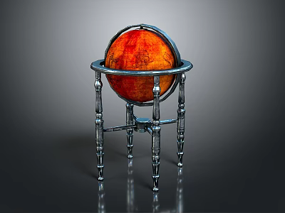 Decorative Orange Red Globe on Silver Metal Stand Featuring Intricate Legs and Smooth Surface 3d model