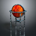 Decorative Orange Red Globe on Silver Metal Stand Featuring Intricate Legs and Smooth Surface