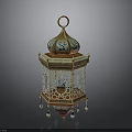 Traditional Ornate Decorative Lantern With Gold Frame Blue Patterns And Hanging Beads