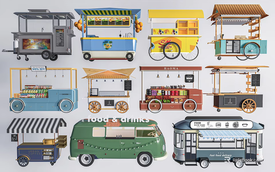 Colorful Various Designed Mobile Food And Drink Carts With Canopies Wheels And Display Shelves 3d model 