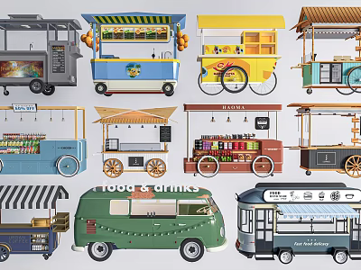 Colorful Various Designed Mobile Food And Drink Carts With Canopies Wheels And Display Shelves 3d model