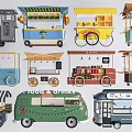 Colorful Various Designed Mobile Food And Drink Carts With Canopies Wheels And Display Shelves