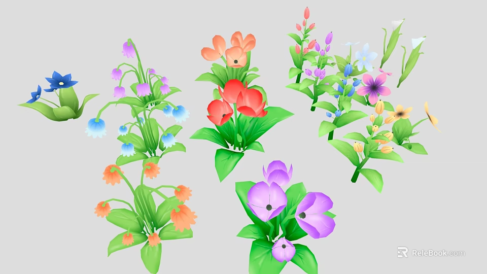 Cartoon Scene Featuring Colorful Vibrant Flowers With Various Colors And Green Leaves 3d model 