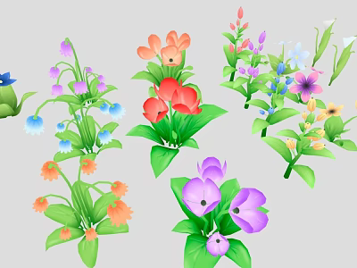 Cartoon Scene Featuring Colorful Vibrant Flowers With Various Colors And Green Leaves 3d model