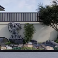 Modern Japanese Garden Landscape with Black Gate Stone Lantern and Green Plants