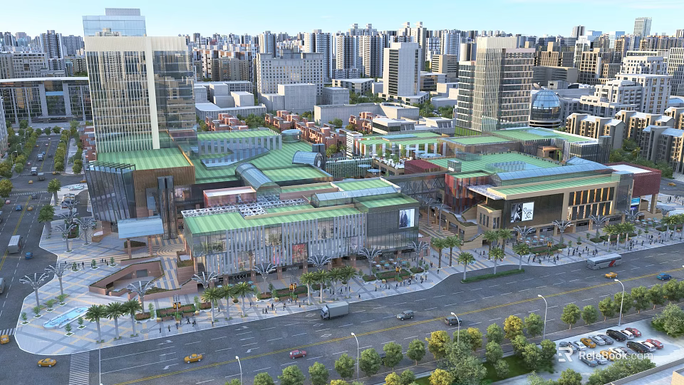 Aerial Urban Planning View Showcasing High Rise Buildings Green Rooftops and Commercial Streets 3d model 