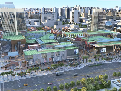 Aerial Urban Planning View Showcasing High Rise Buildings Green Rooftops and Commercial Streets 3d model