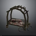 Wooden Arch Bench Structure With Floral Cushions Bicycle And Potted Plants