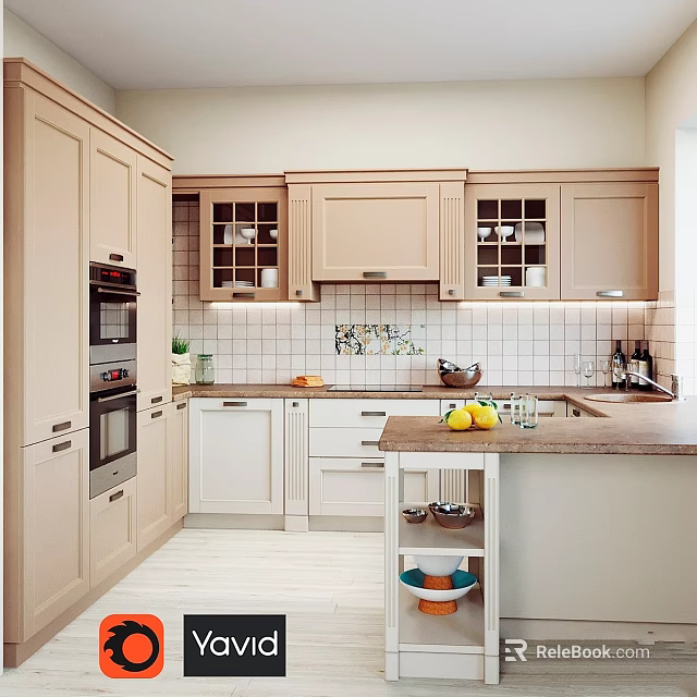 Modern Light Colored Kitchen Cabinets With Glass Fronted Wall Units And Countertop Fruits 3d model 