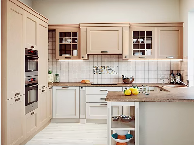 Modern Light Colored Kitchen Cabinets With Glass Fronted Wall Units And Countertop Fruits 3d model